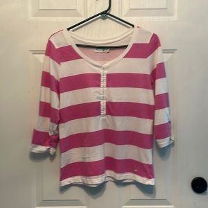 Selena Gomez pink/white stripe 3/4 sleeve Shirt cotton
